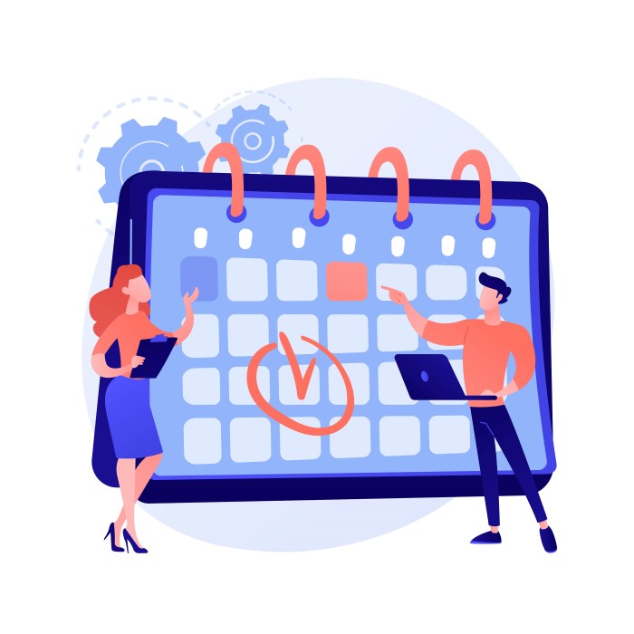 Image of animated people scheduling work on a calendar